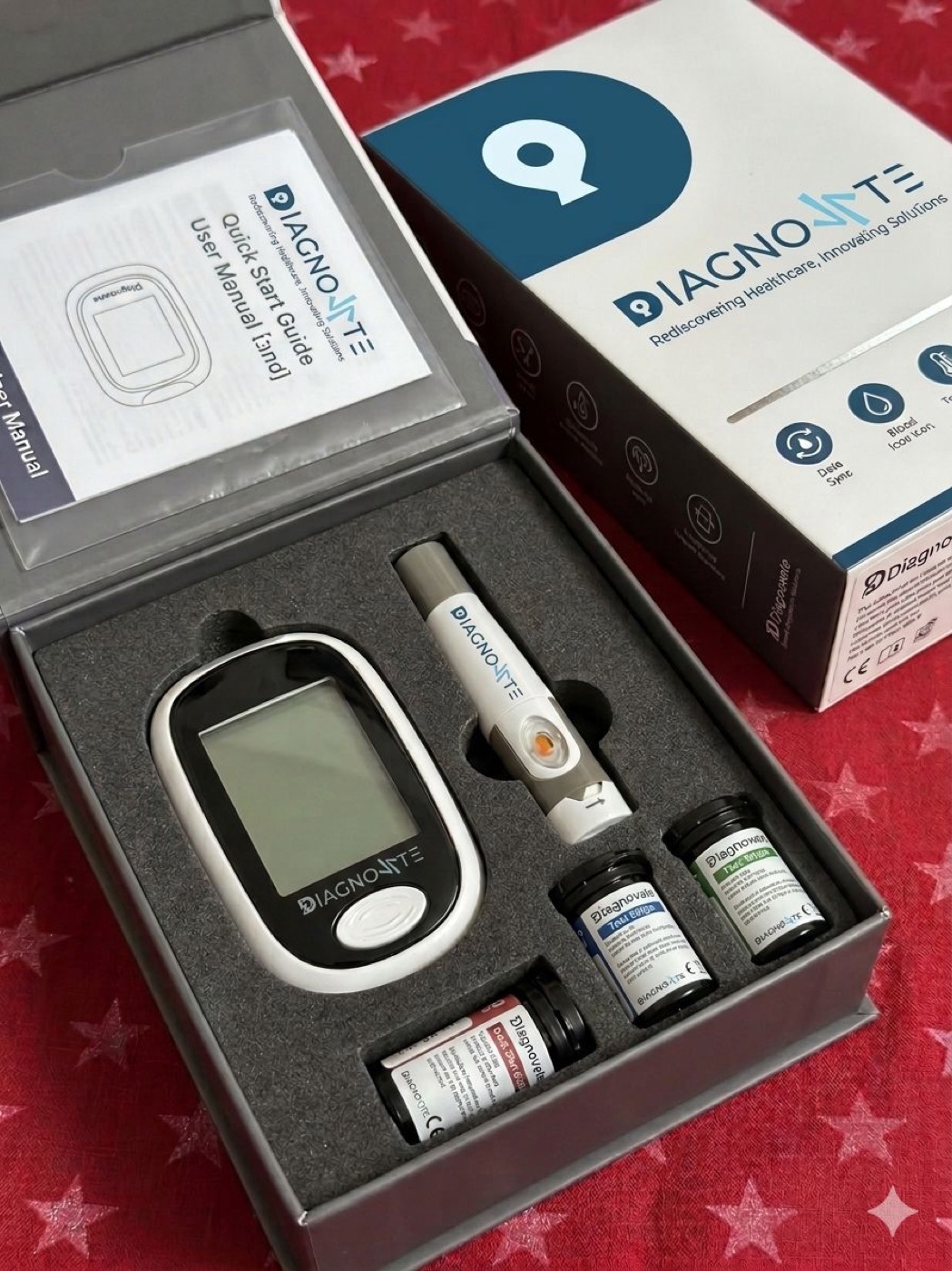 Diagnovate 3-in-1 glucometer kit — meter, lancing pen and glucose, cholesterol and uric acid test strips